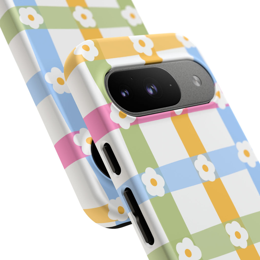 Floral Gingham  Pastel Checkerboard Phone Cover with Daisies