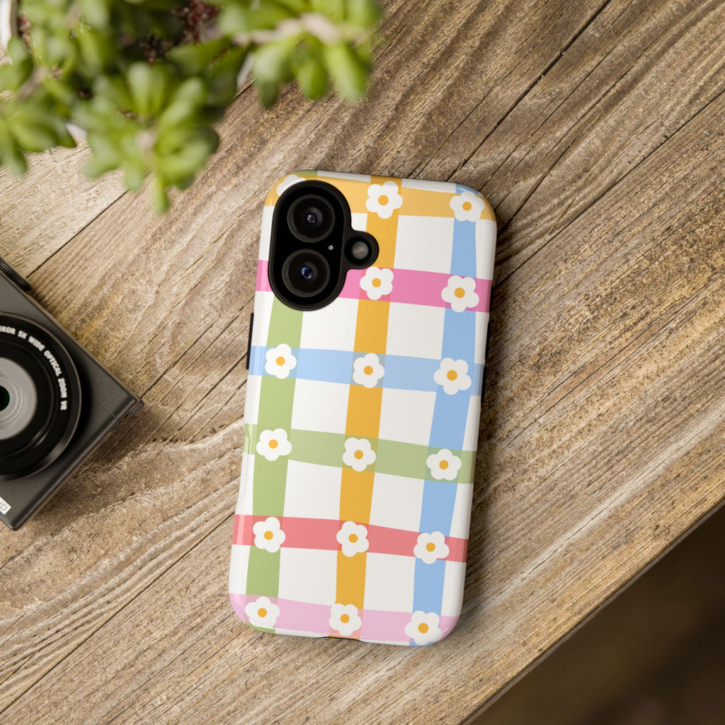 Floral Gingham  Pastel Checkerboard Phone Cover with Daisies