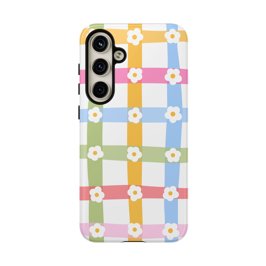 Floral Gingham  Pastel Checkerboard Phone Cover with Daisies