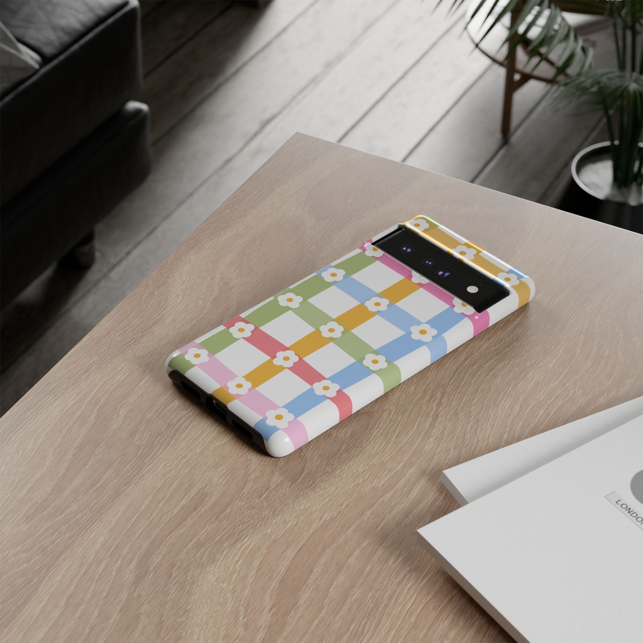 Floral Gingham  Pastel Checkerboard Phone Cover with Daisies