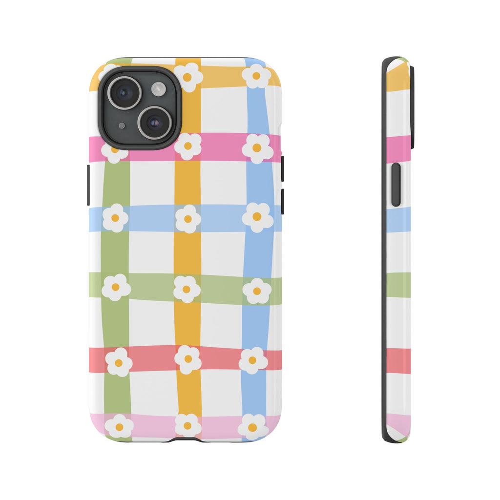Floral Gingham  Pastel Checkerboard Phone Cover with Daisies