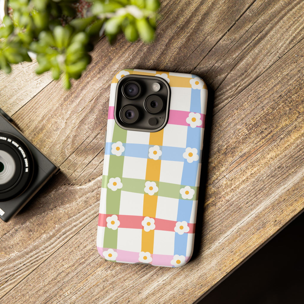 Floral Gingham  Pastel Checkerboard Phone Cover with Daisies