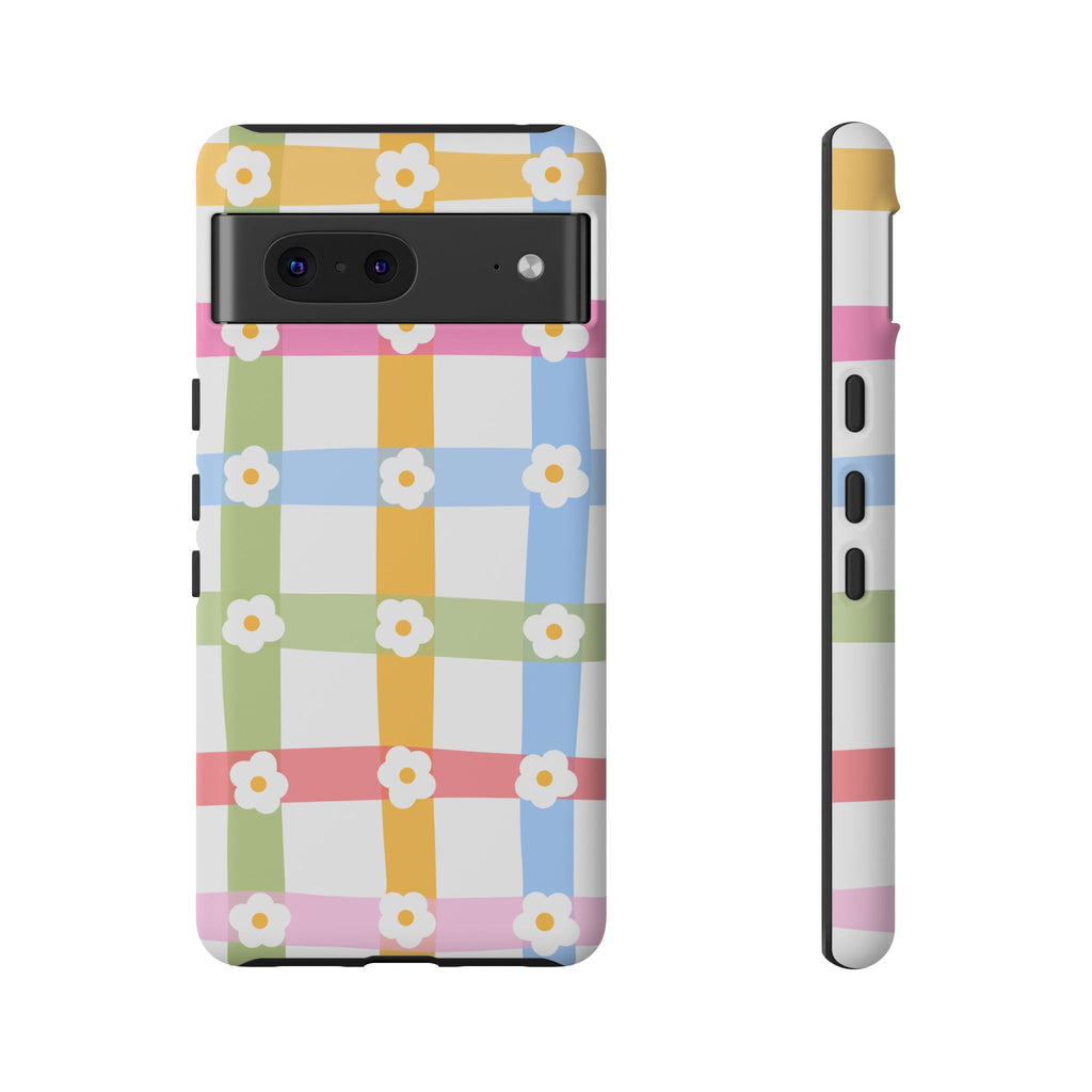 Floral Gingham  Pastel Checkerboard Phone Cover with Daisies