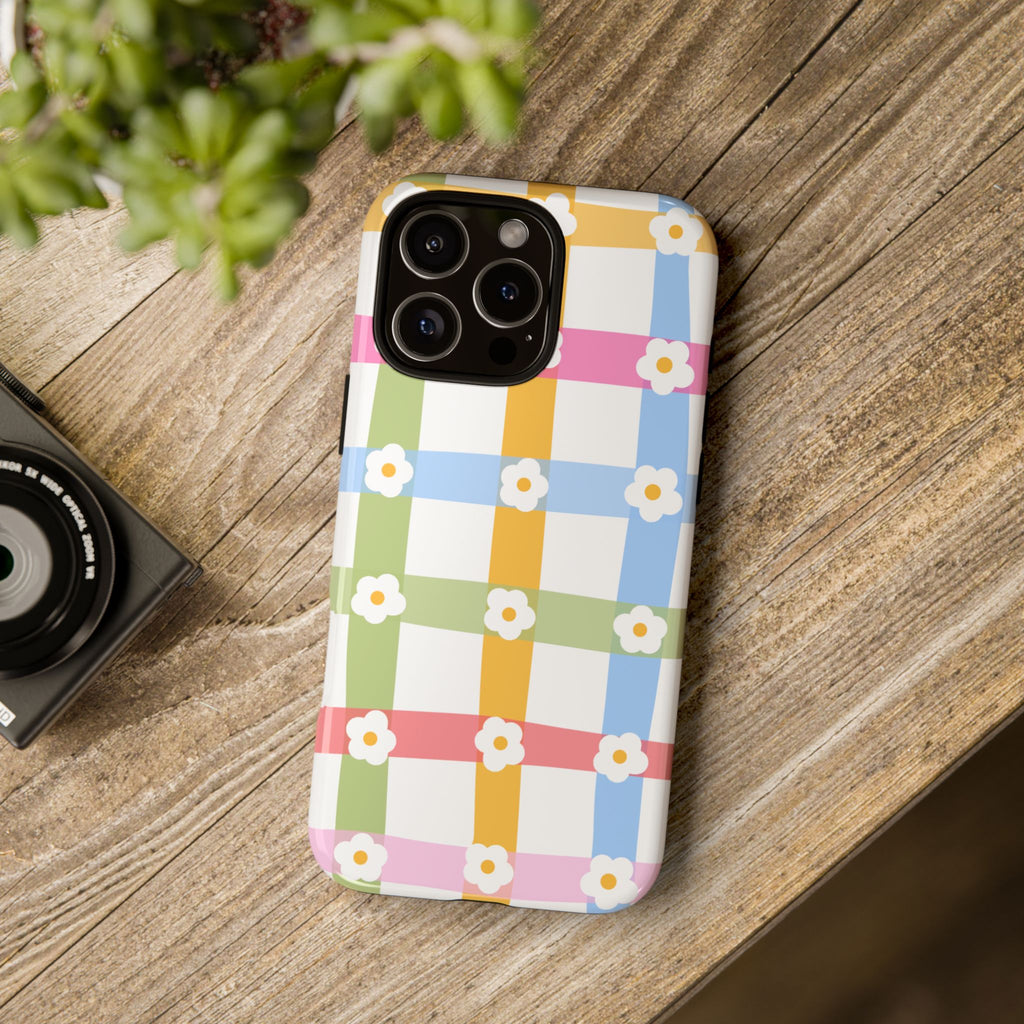 Floral Gingham  Pastel Checkerboard Phone Cover with Daisies