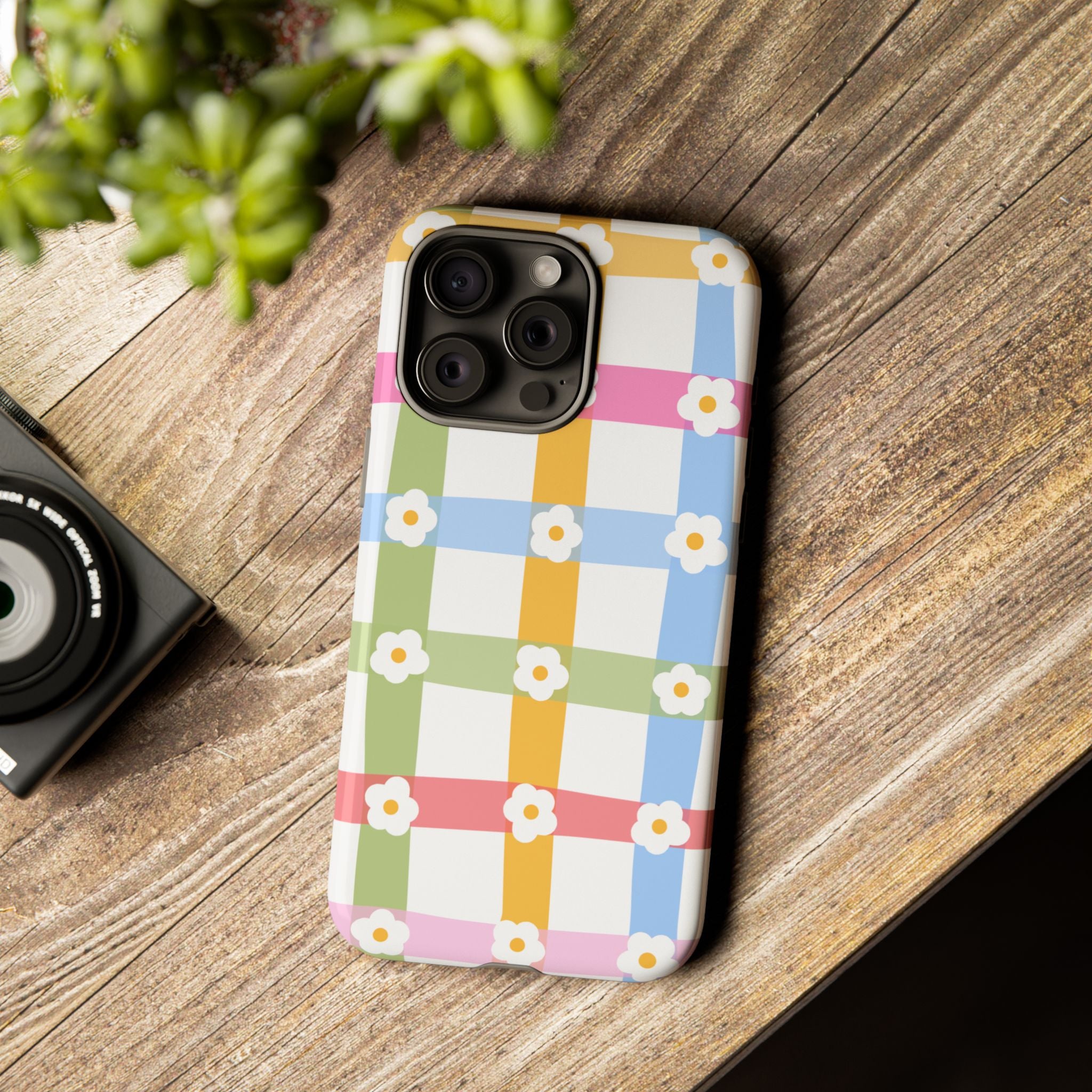 Floral Gingham  Pastel Checkerboard Phone Cover with Daisies