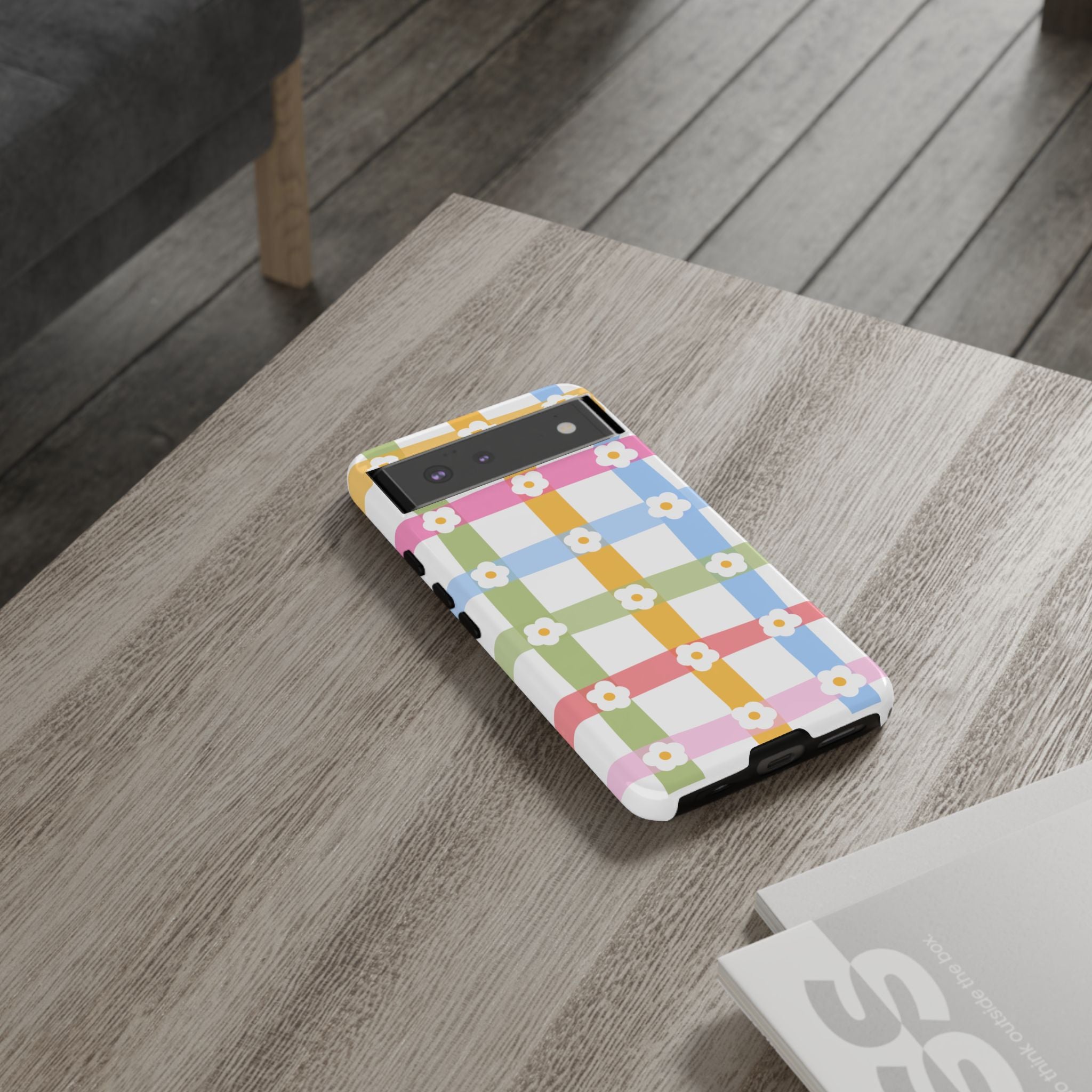 Floral Gingham  Pastel Checkerboard Phone Cover with Daisies
