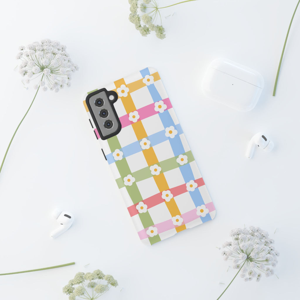 Floral Gingham  Pastel Checkerboard Phone Cover with Daisies