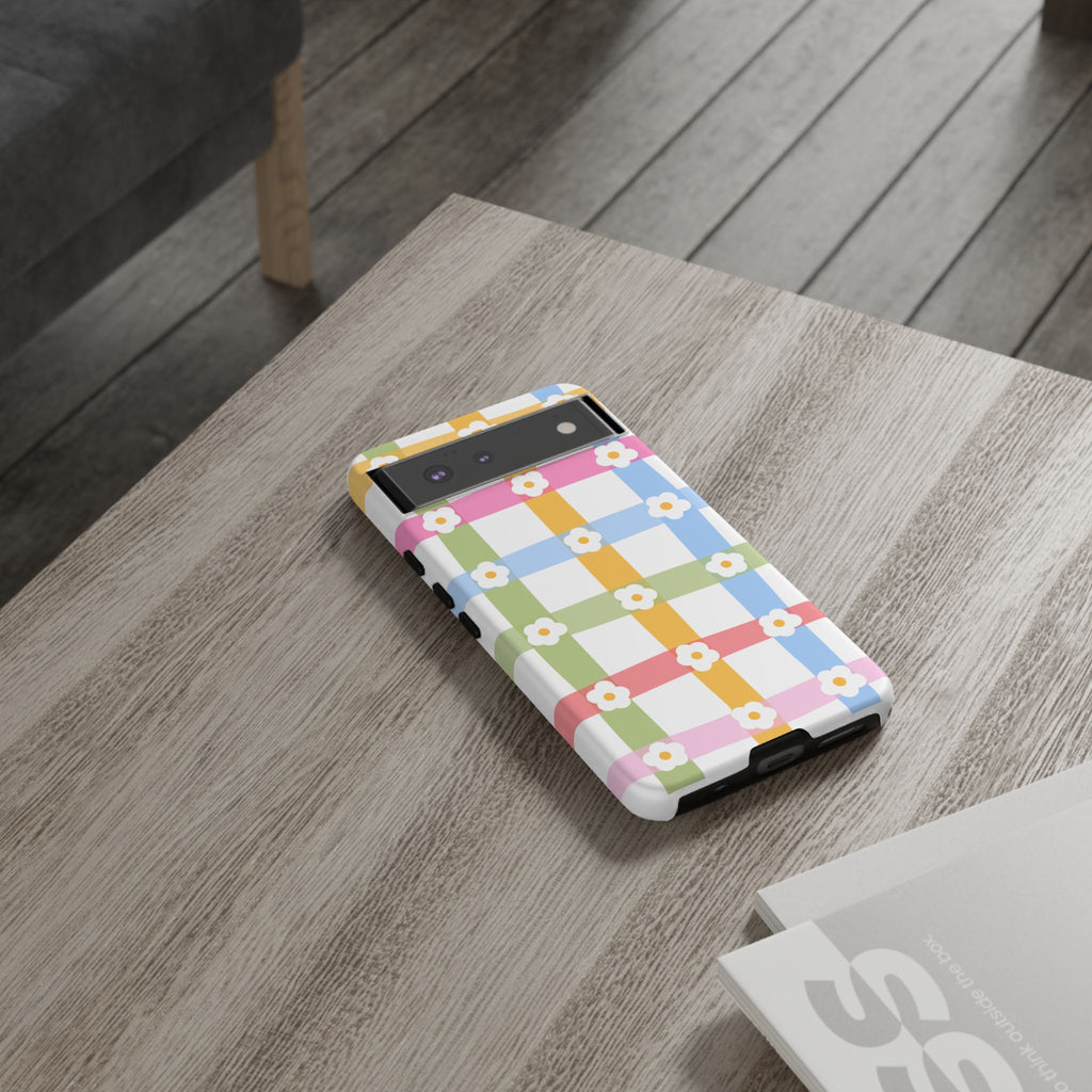 Floral Gingham  Pastel Checkerboard Phone Cover with Daisies