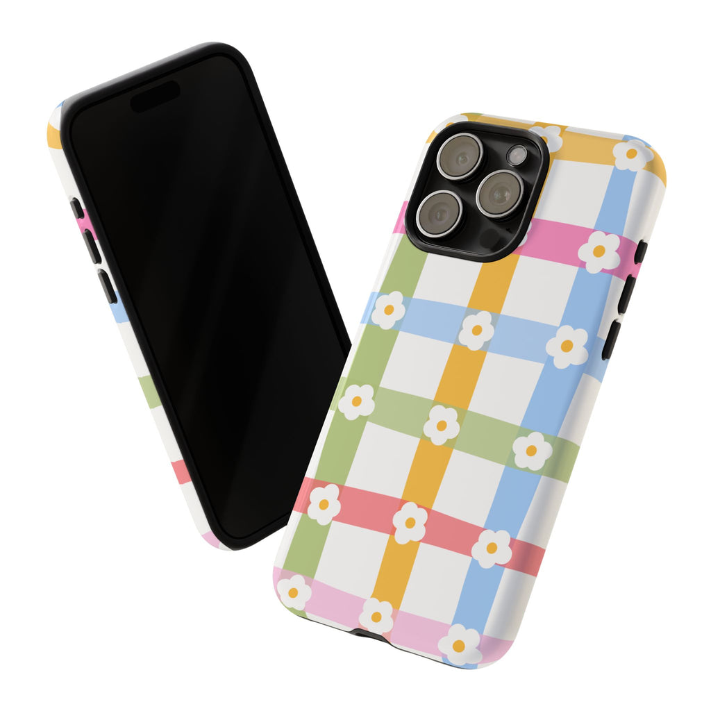 Floral Gingham  Pastel Checkerboard Phone Cover with Daisies