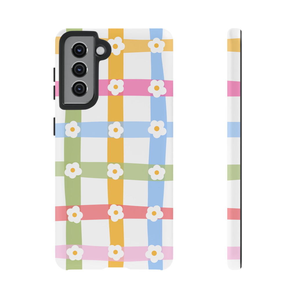 Floral Gingham  Pastel Checkerboard Phone Cover with Daisies