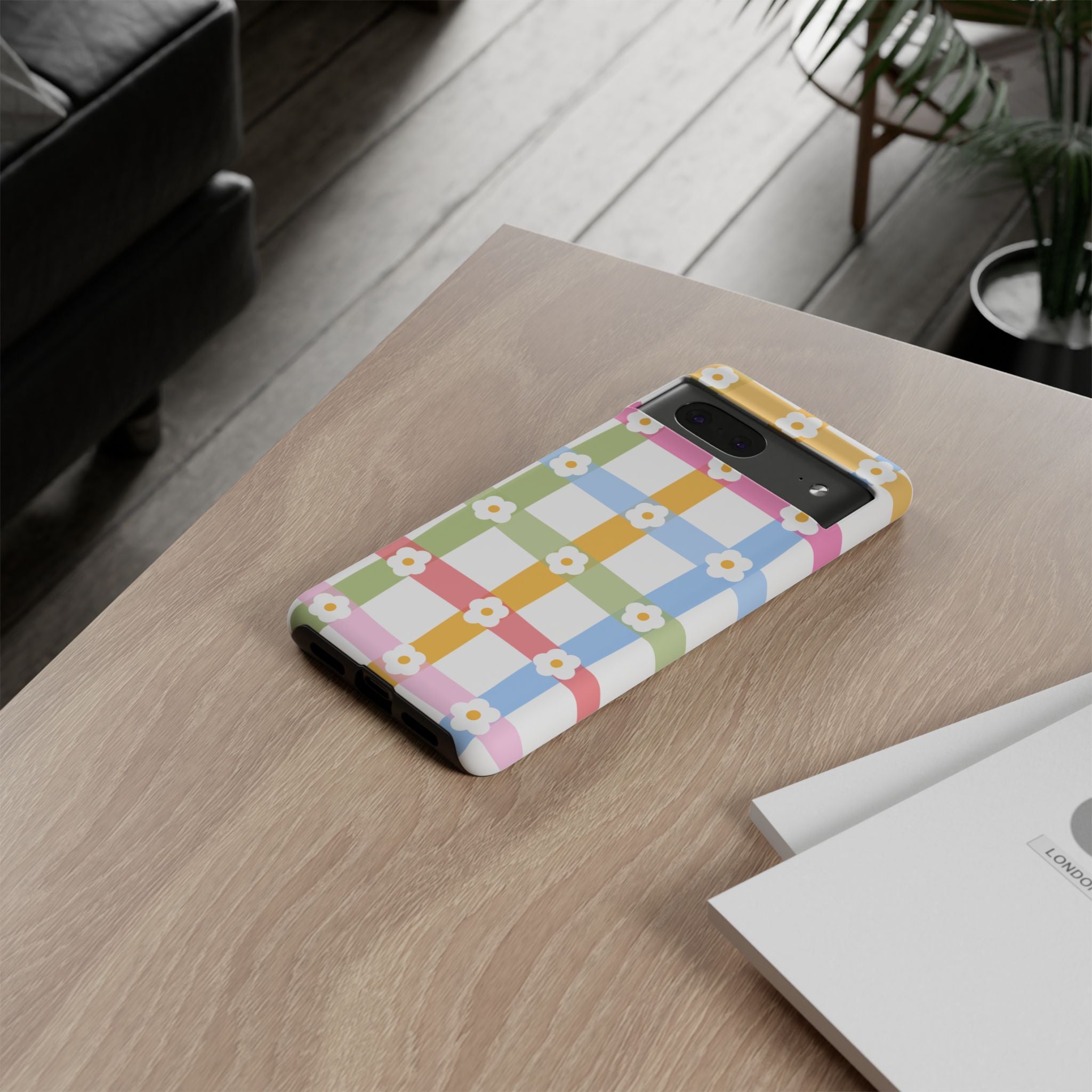 Floral Gingham  Pastel Checkerboard Phone Cover with Daisies