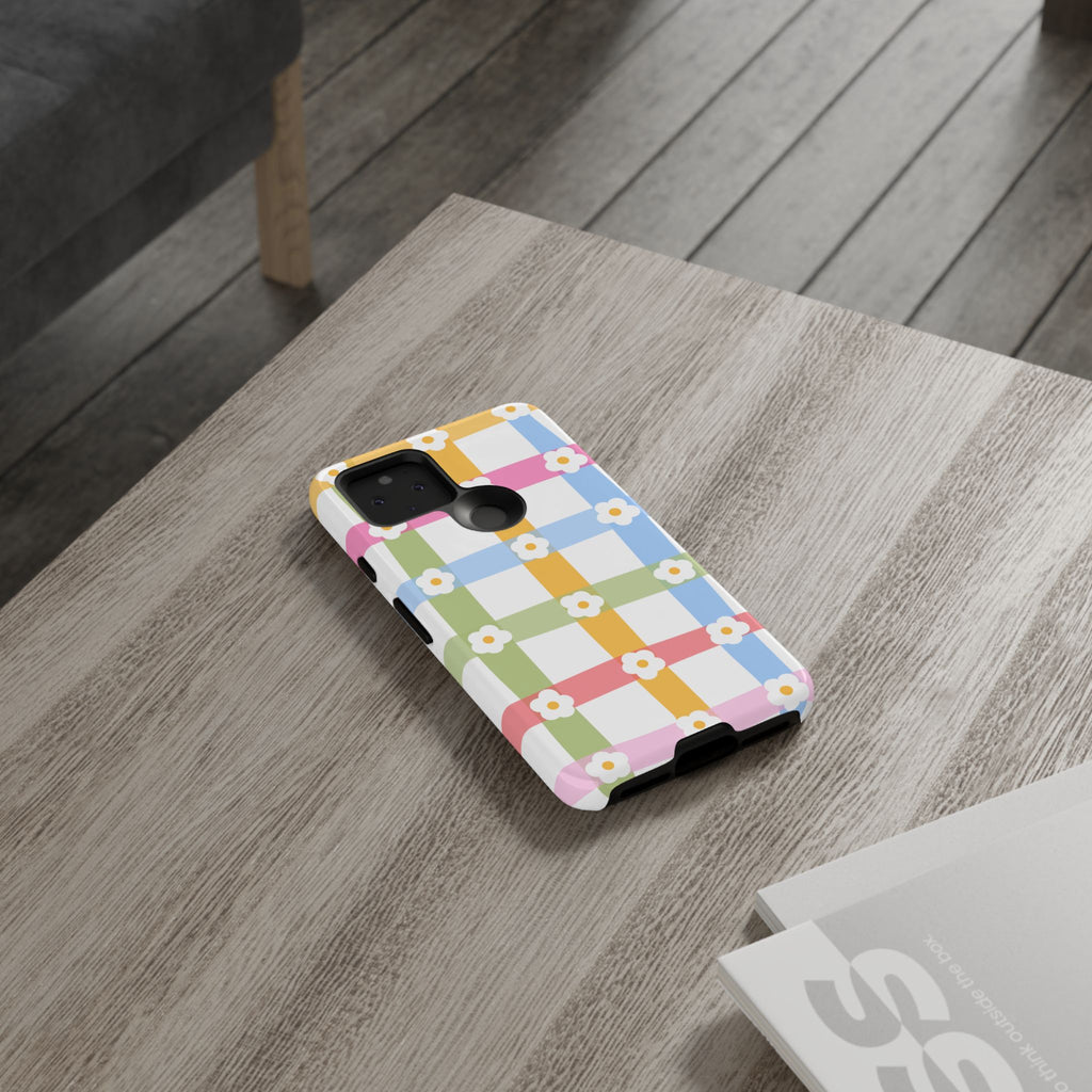 Floral Gingham  Pastel Checkerboard Phone Cover with Daisies