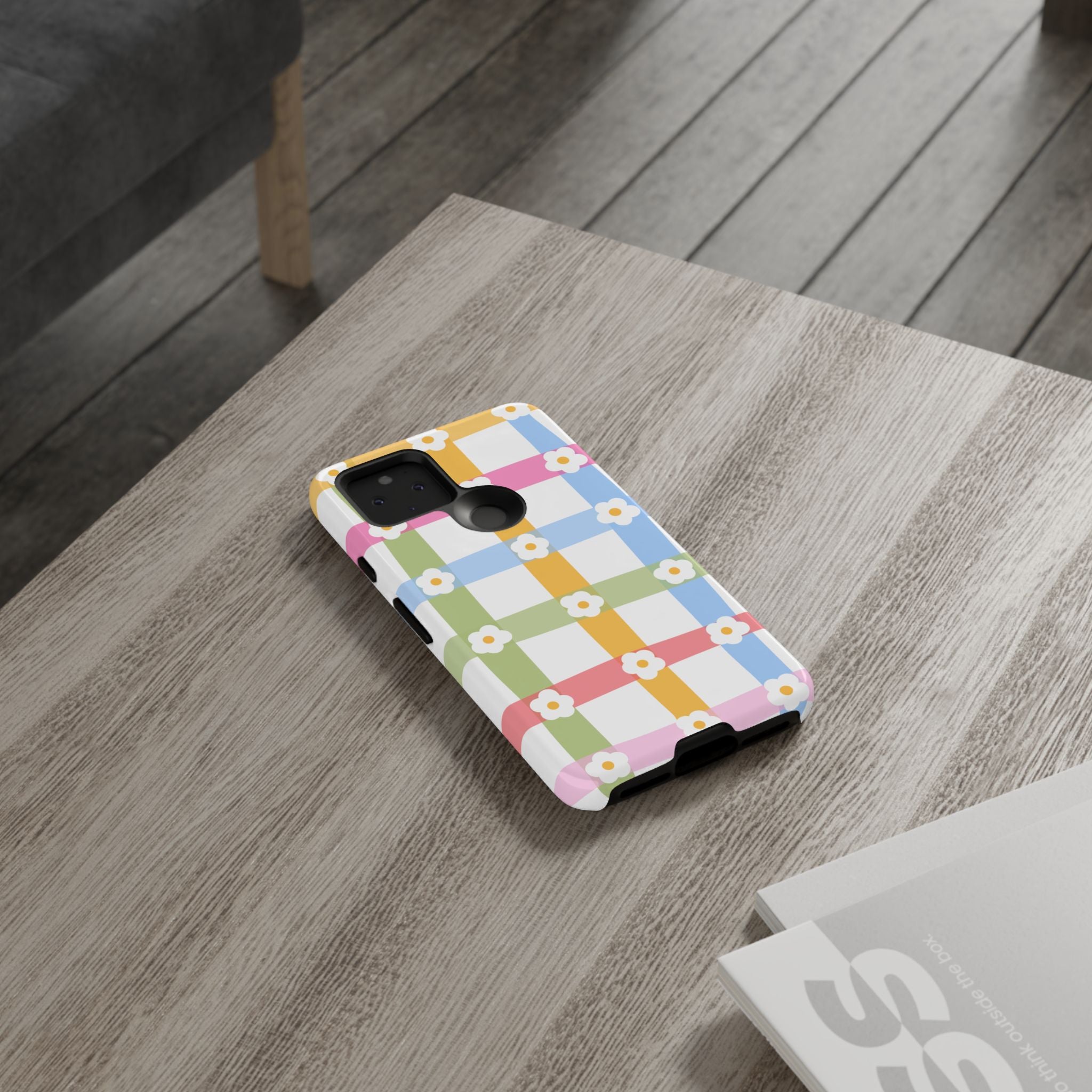 Floral Gingham  Pastel Checkerboard Phone Cover with Daisies