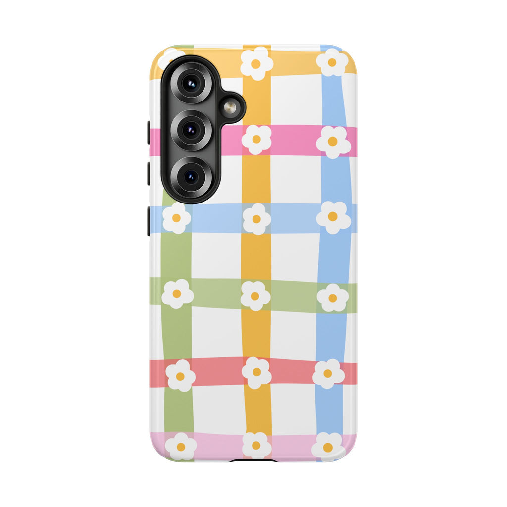 Floral Gingham  Pastel Checkerboard Phone Cover with Daisies
