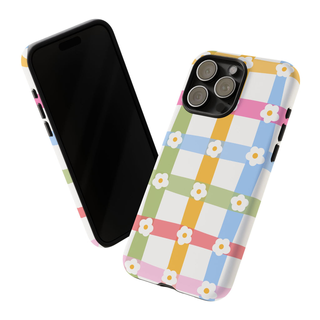 Floral Gingham  Pastel Checkerboard Phone Cover with Daisies