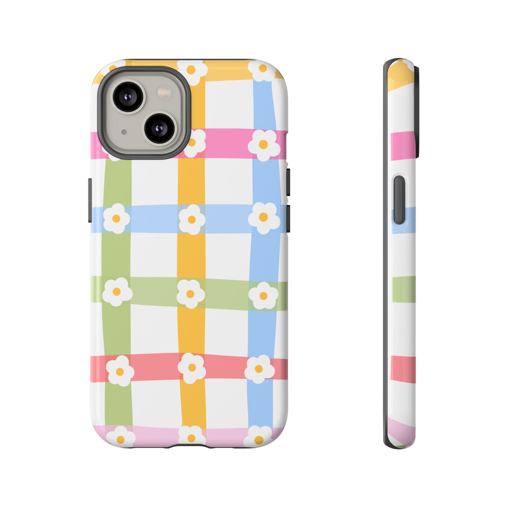 Floral Gingham  Pastel Checkerboard Phone Cover with Daisies