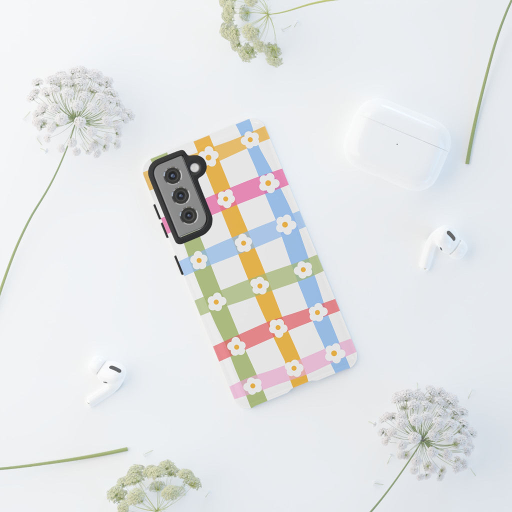 Floral Gingham  Pastel Checkerboard Phone Cover with Daisies