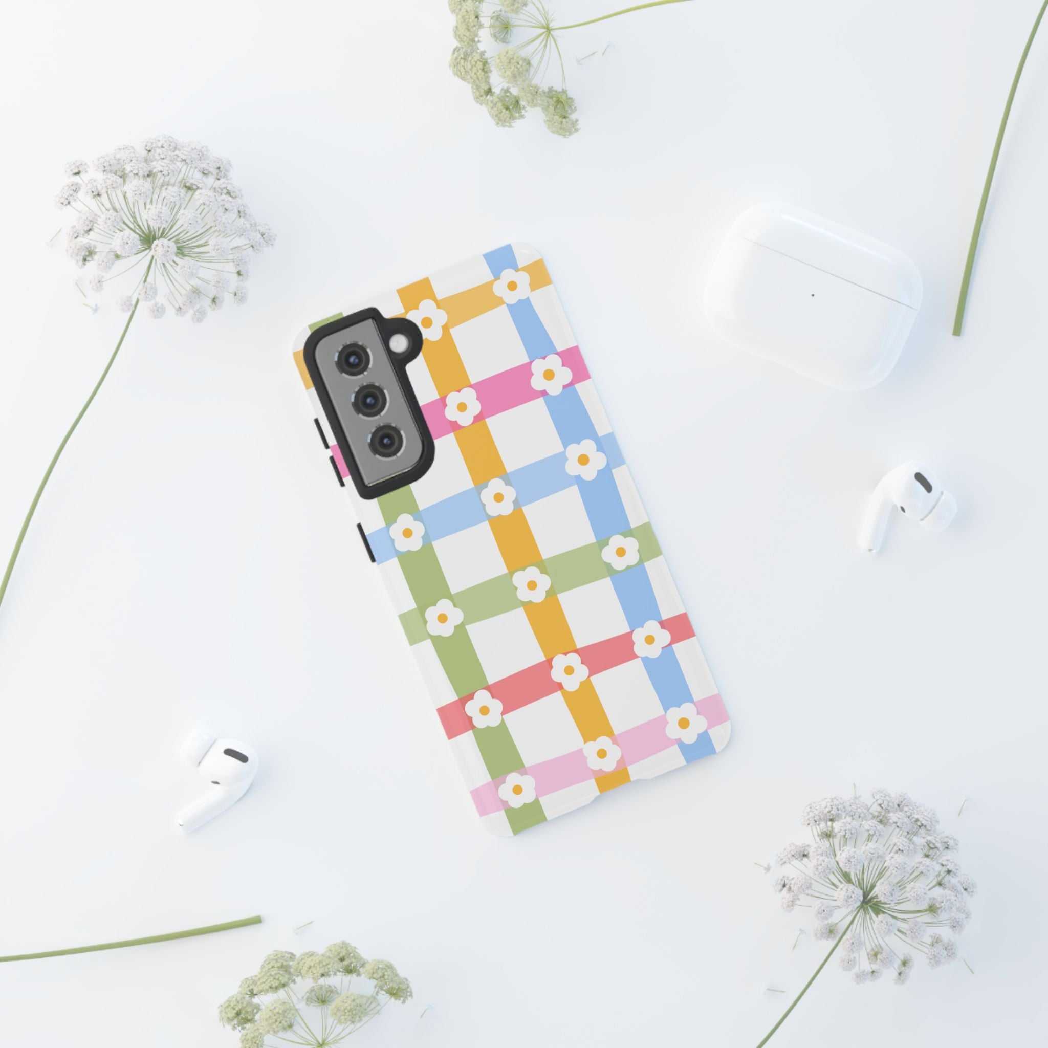Floral Gingham  Pastel Checkerboard Phone Cover with Daisies