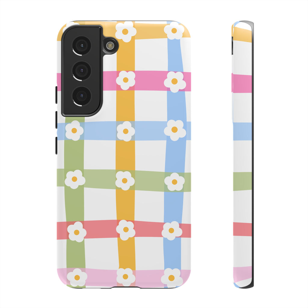 Floral Gingham  Pastel Checkerboard Phone Cover with Daisies