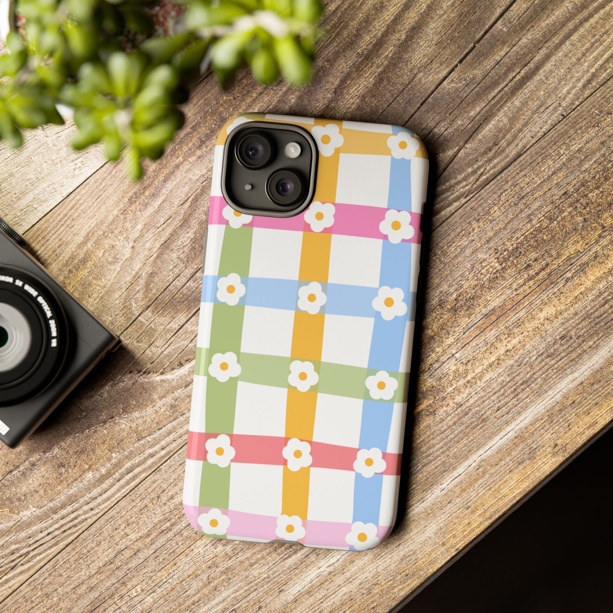Floral Gingham  Pastel Checkerboard Phone Cover with Daisies