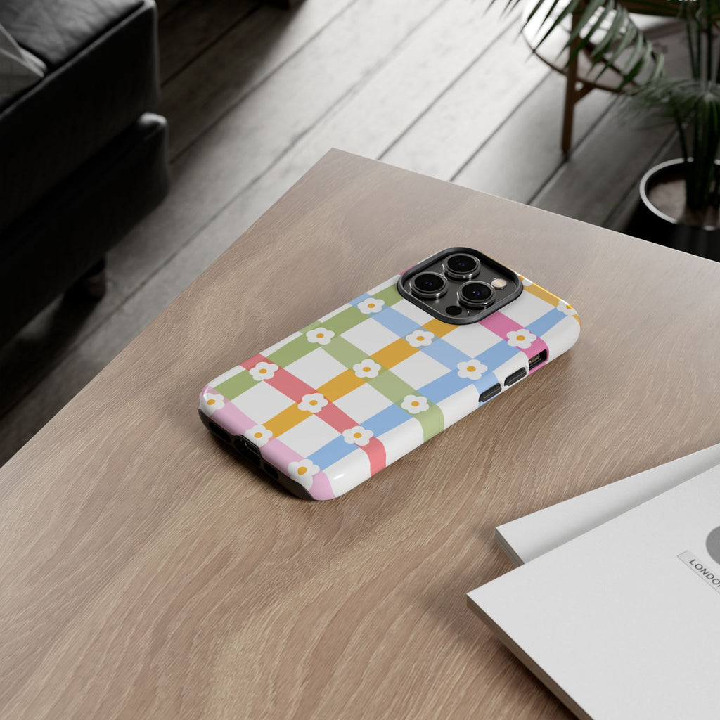 Floral Gingham  Pastel Checkerboard Phone Cover with Daisies
