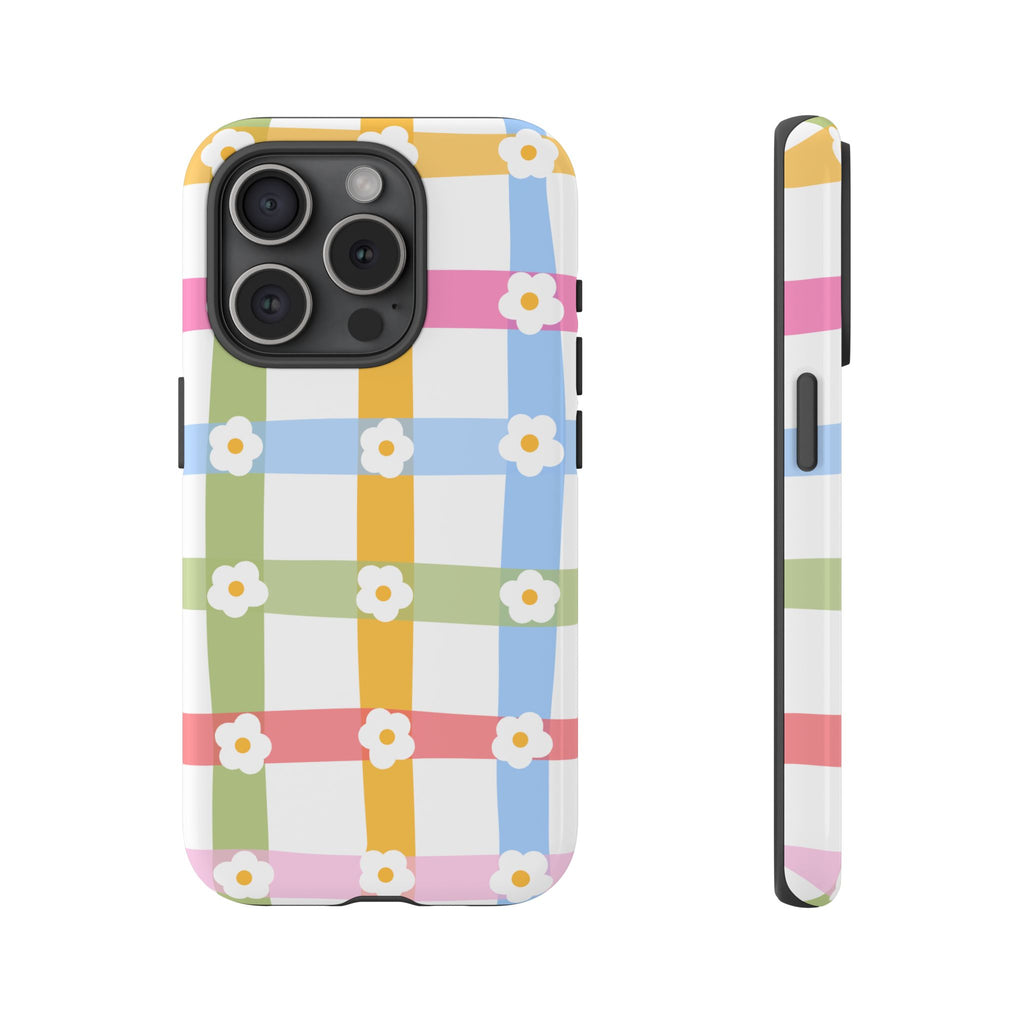 Floral Gingham  Pastel Checkerboard Phone Cover with Daisies