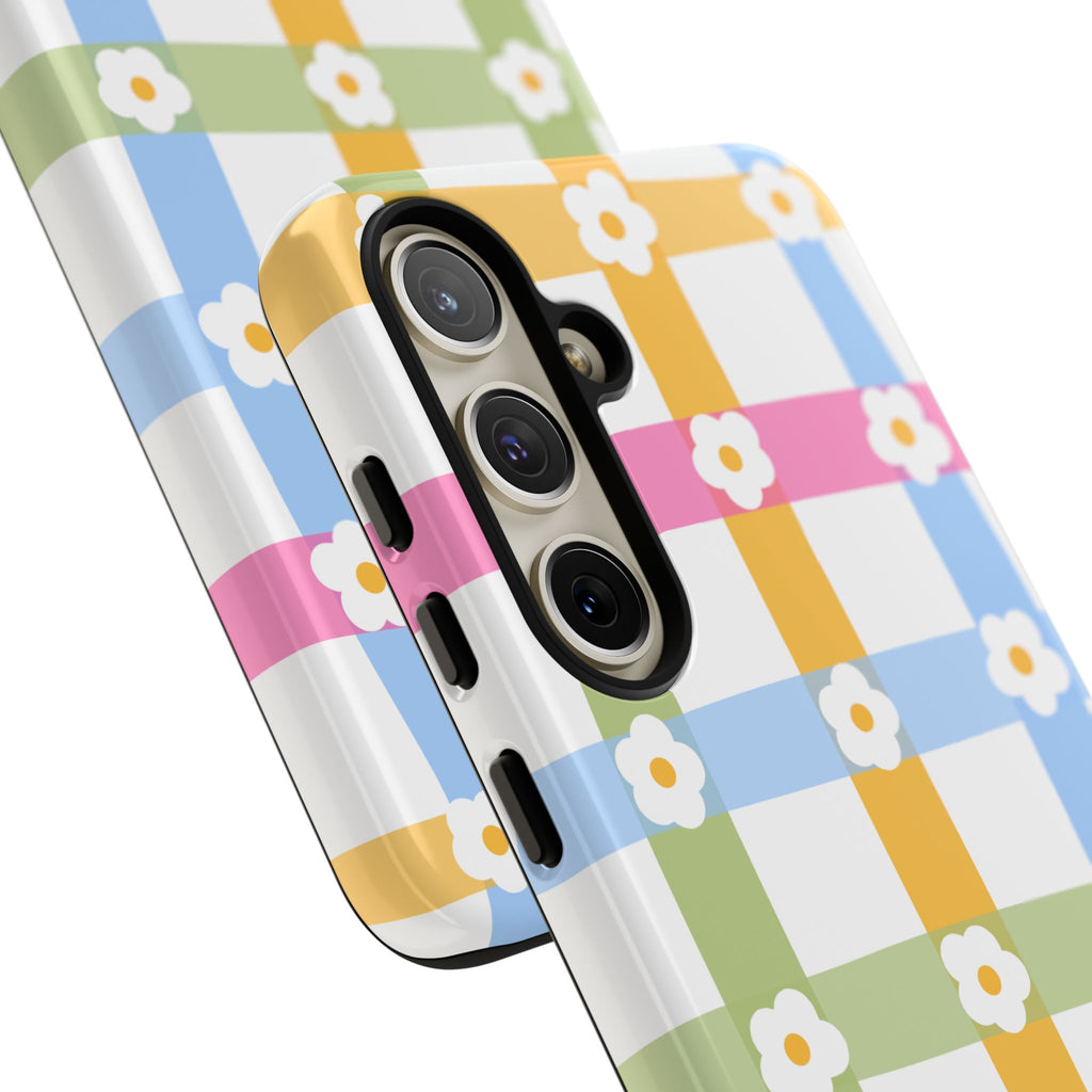 Floral Gingham  Pastel Checkerboard Phone Cover with Daisies
