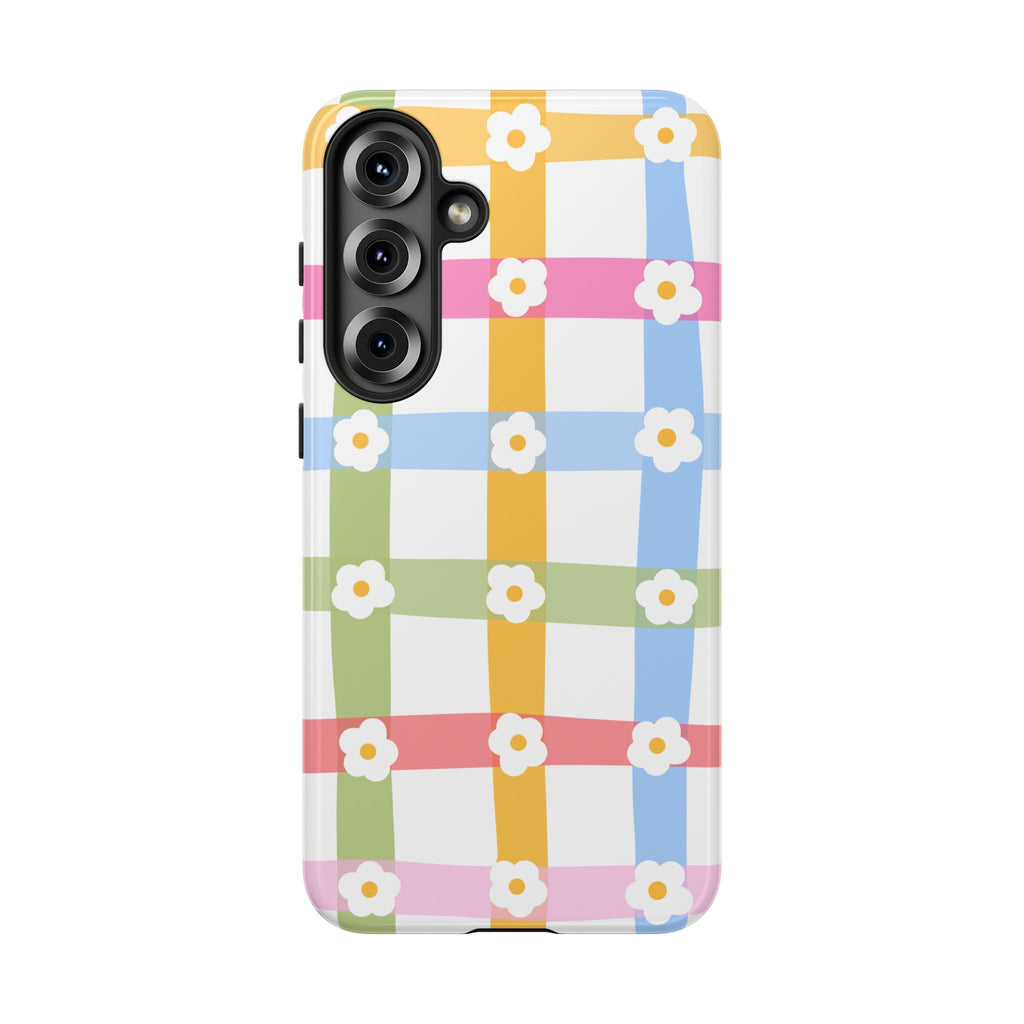Floral Gingham  Pastel Checkerboard Phone Cover with Daisies