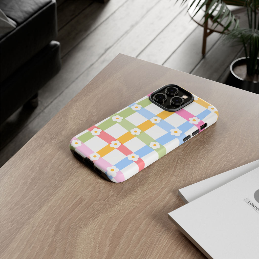 Floral Gingham  Pastel Checkerboard Phone Cover with Daisies
