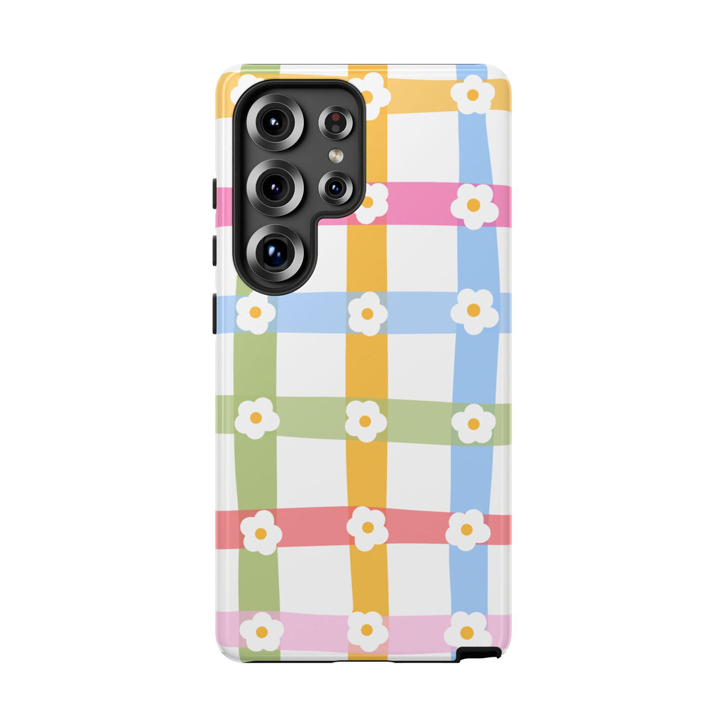 Floral Gingham  Pastel Checkerboard Phone Cover with Daisies