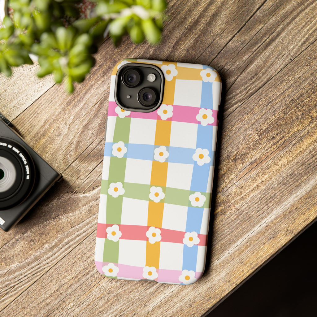 Floral Gingham  Pastel Checkerboard Phone Cover with Daisies