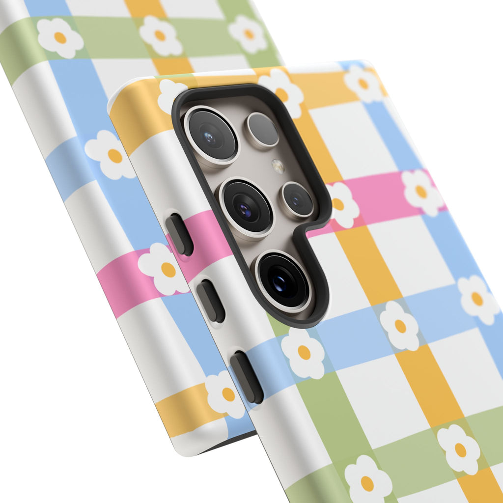 Floral Gingham  Pastel Checkerboard Phone Cover with Daisies