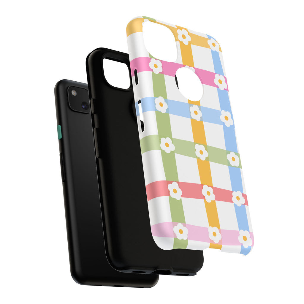 Floral Gingham  Pastel Checkerboard Phone Cover with Daisies