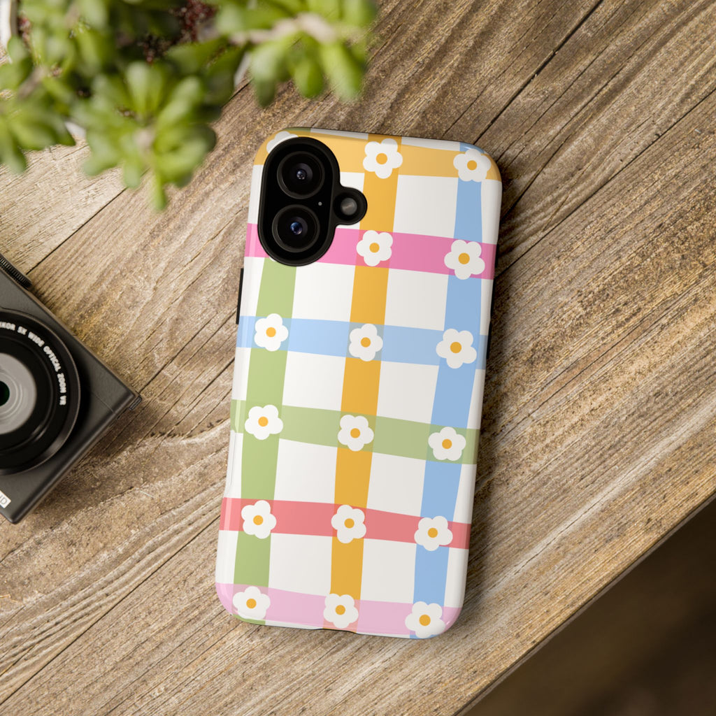 Floral Gingham  Pastel Checkerboard Phone Cover with Daisies