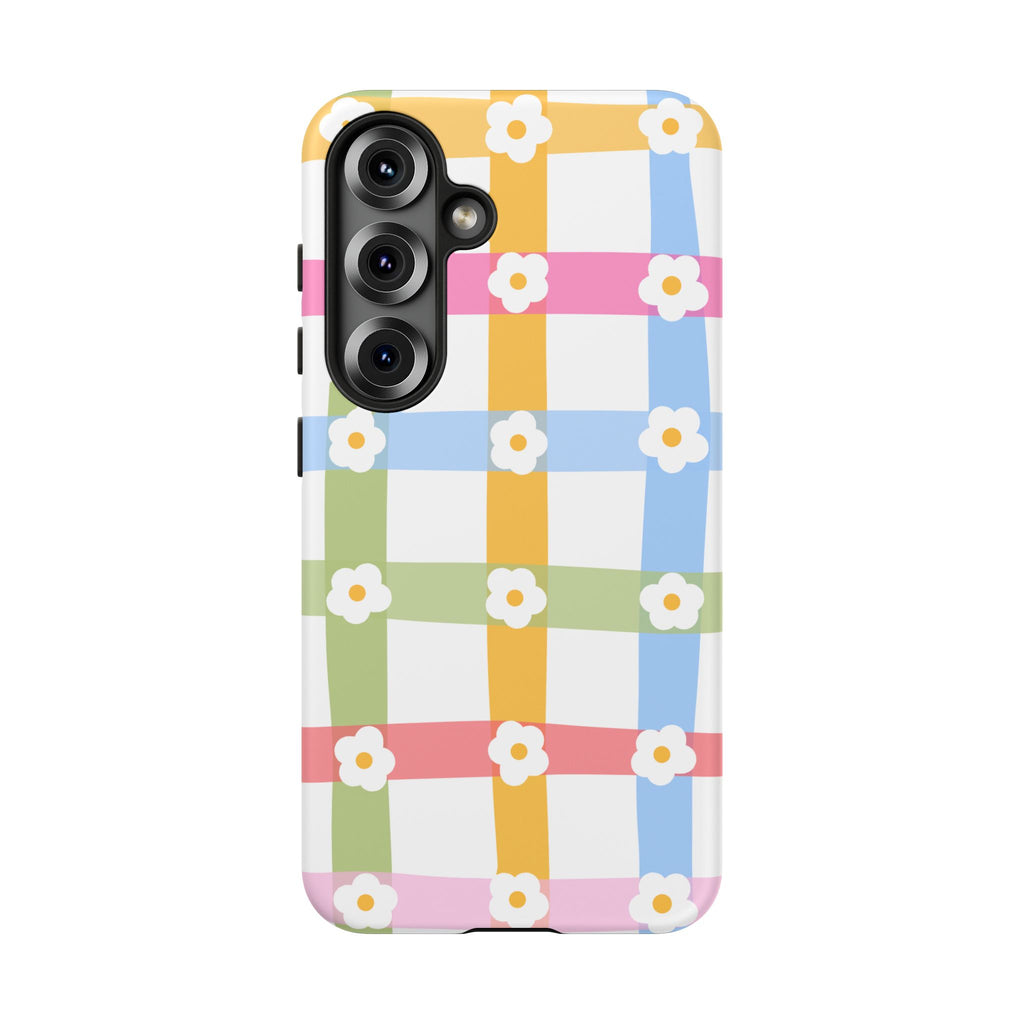 Floral Gingham  Pastel Checkerboard Phone Cover with Daisies
