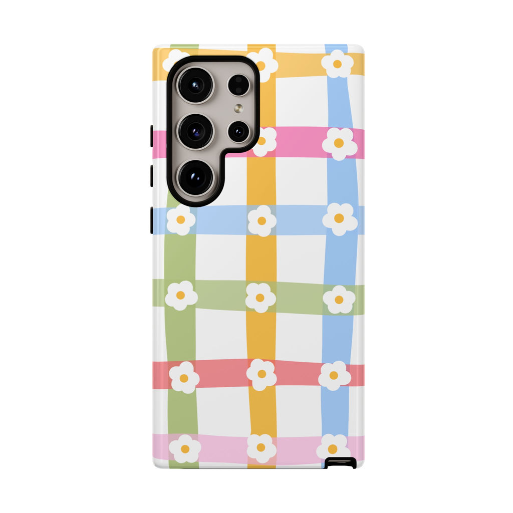 Floral Gingham  Pastel Checkerboard Phone Cover with Daisies