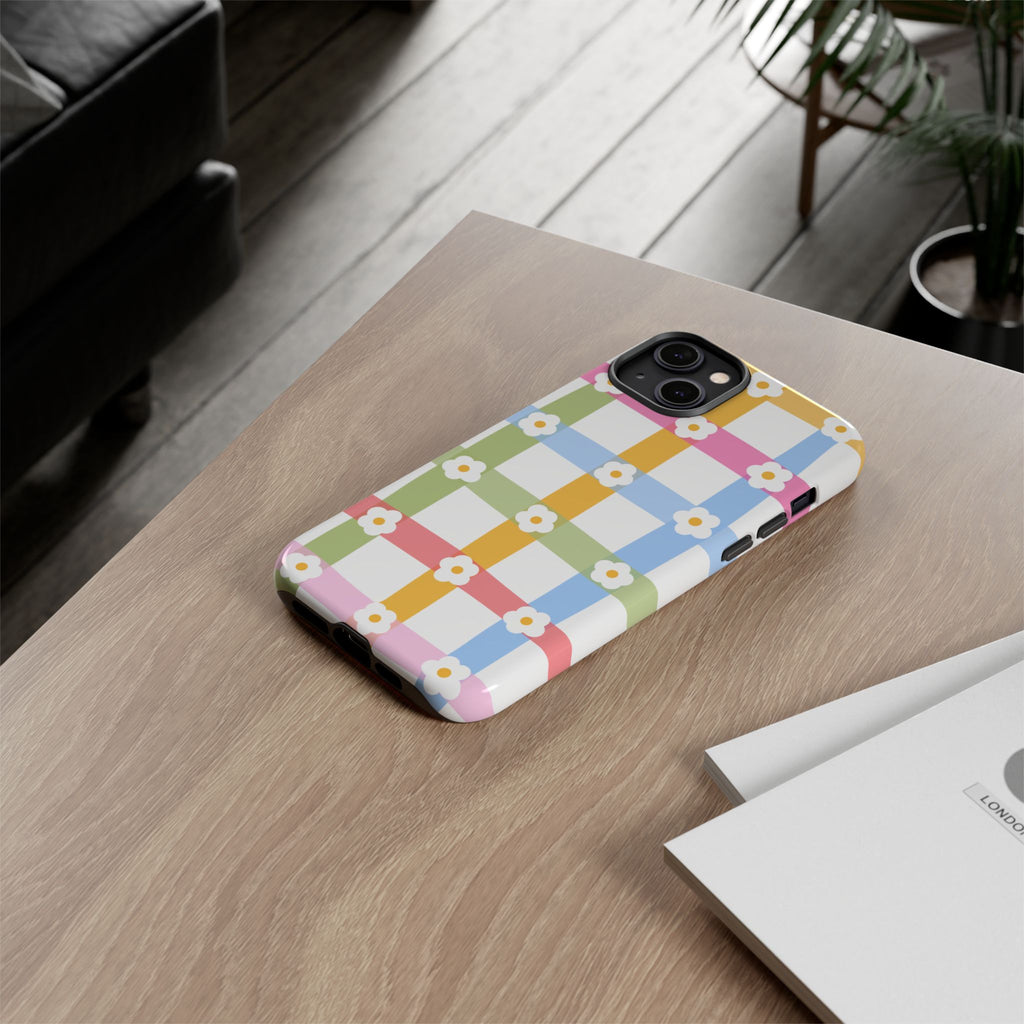 Floral Gingham  Pastel Checkerboard Phone Cover with Daisies