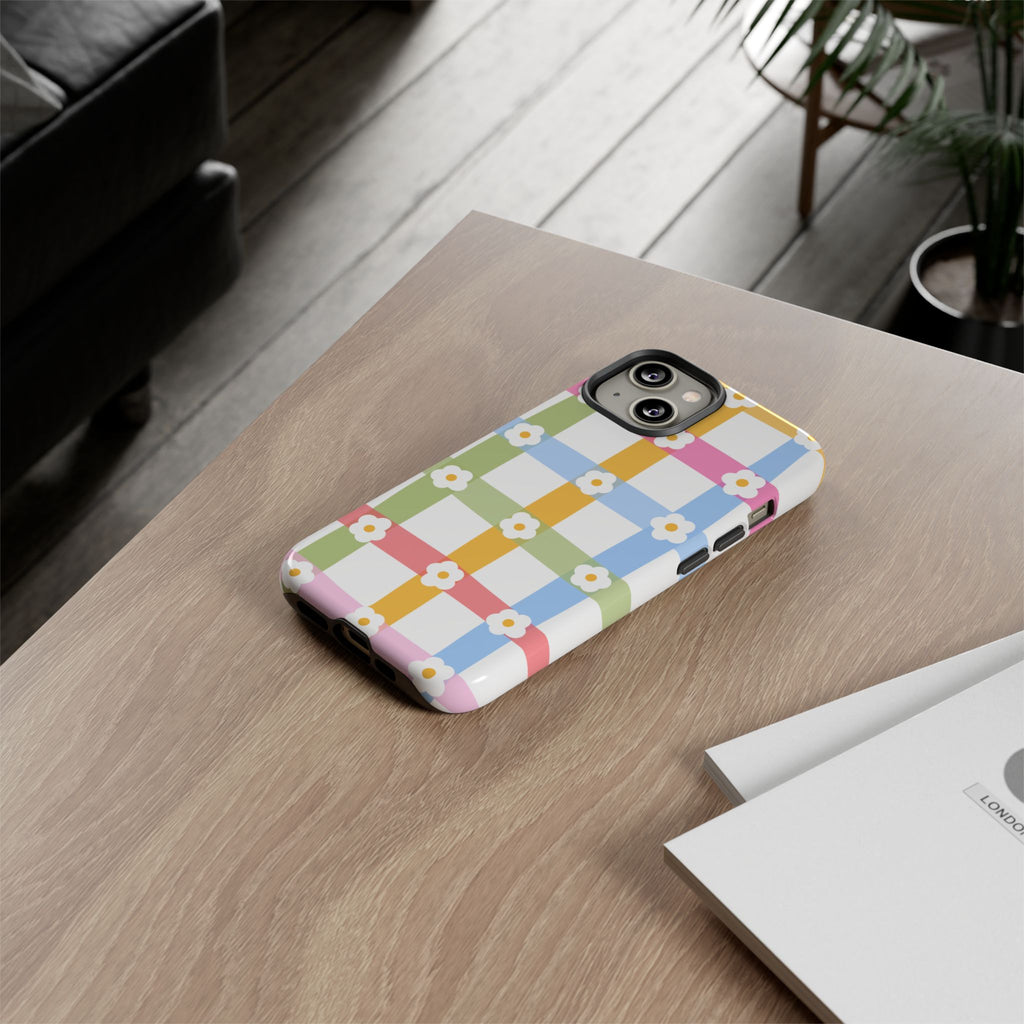 Floral Gingham  Pastel Checkerboard Phone Cover with Daisies