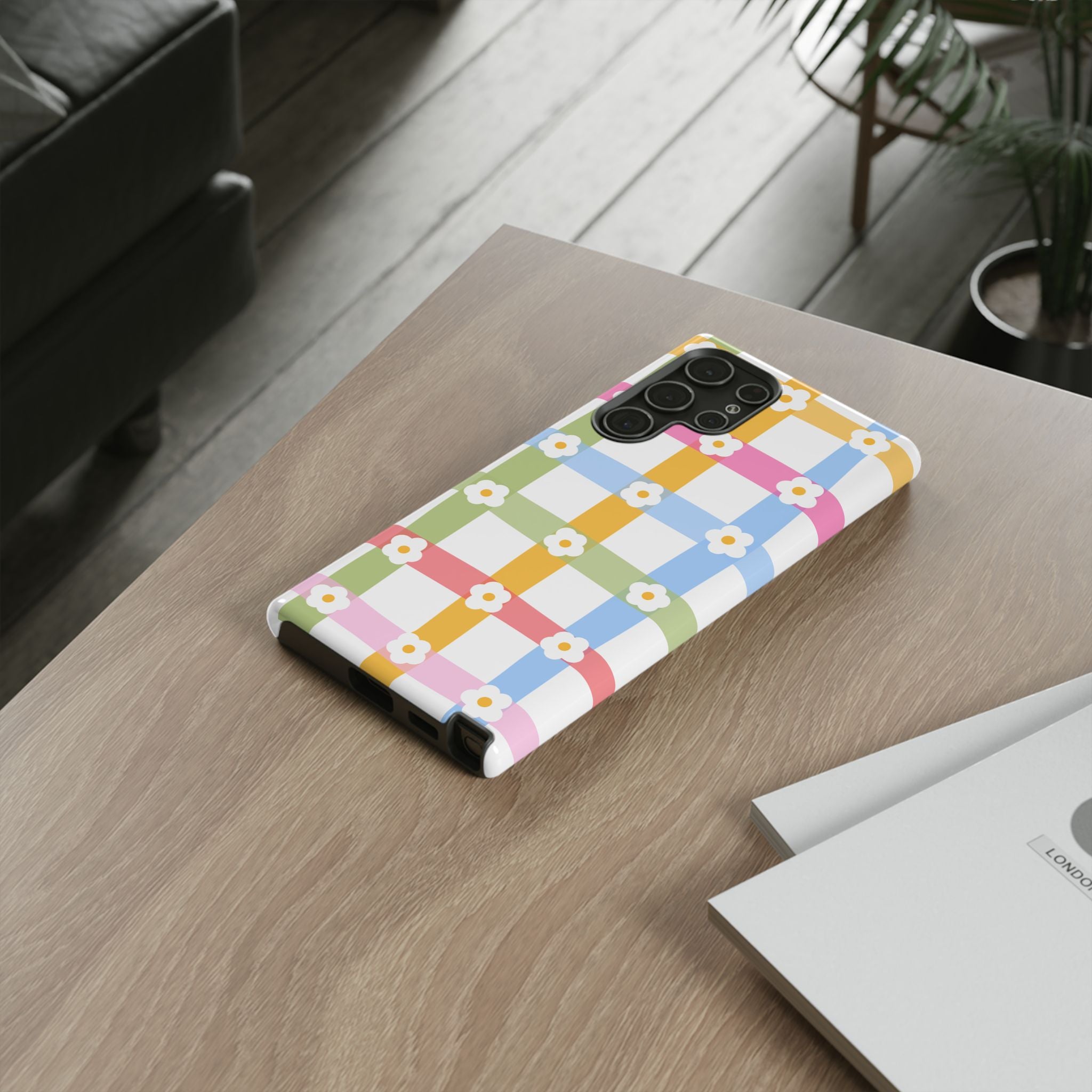 Floral Gingham  Pastel Checkerboard Phone Cover with Daisies