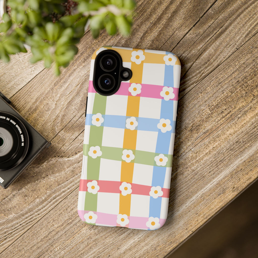 Floral Gingham  Pastel Checkerboard Phone Cover with Daisies