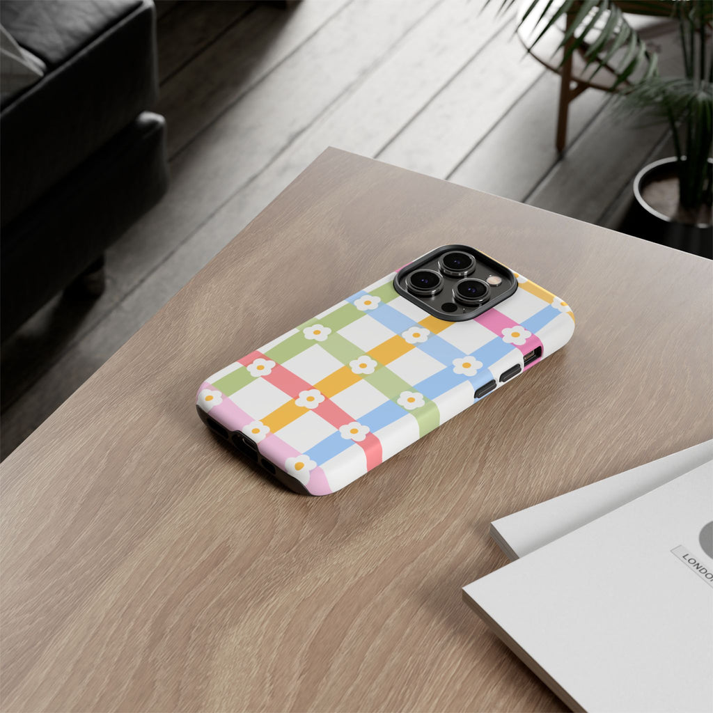 Floral Gingham  Pastel Checkerboard Phone Cover with Daisies