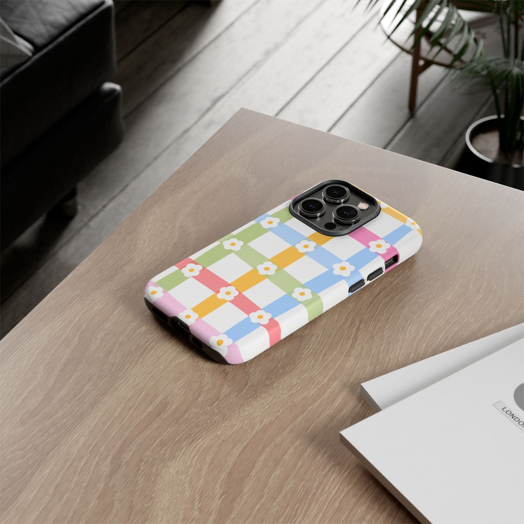 Floral Gingham  Pastel Checkerboard Phone Cover with Daisies