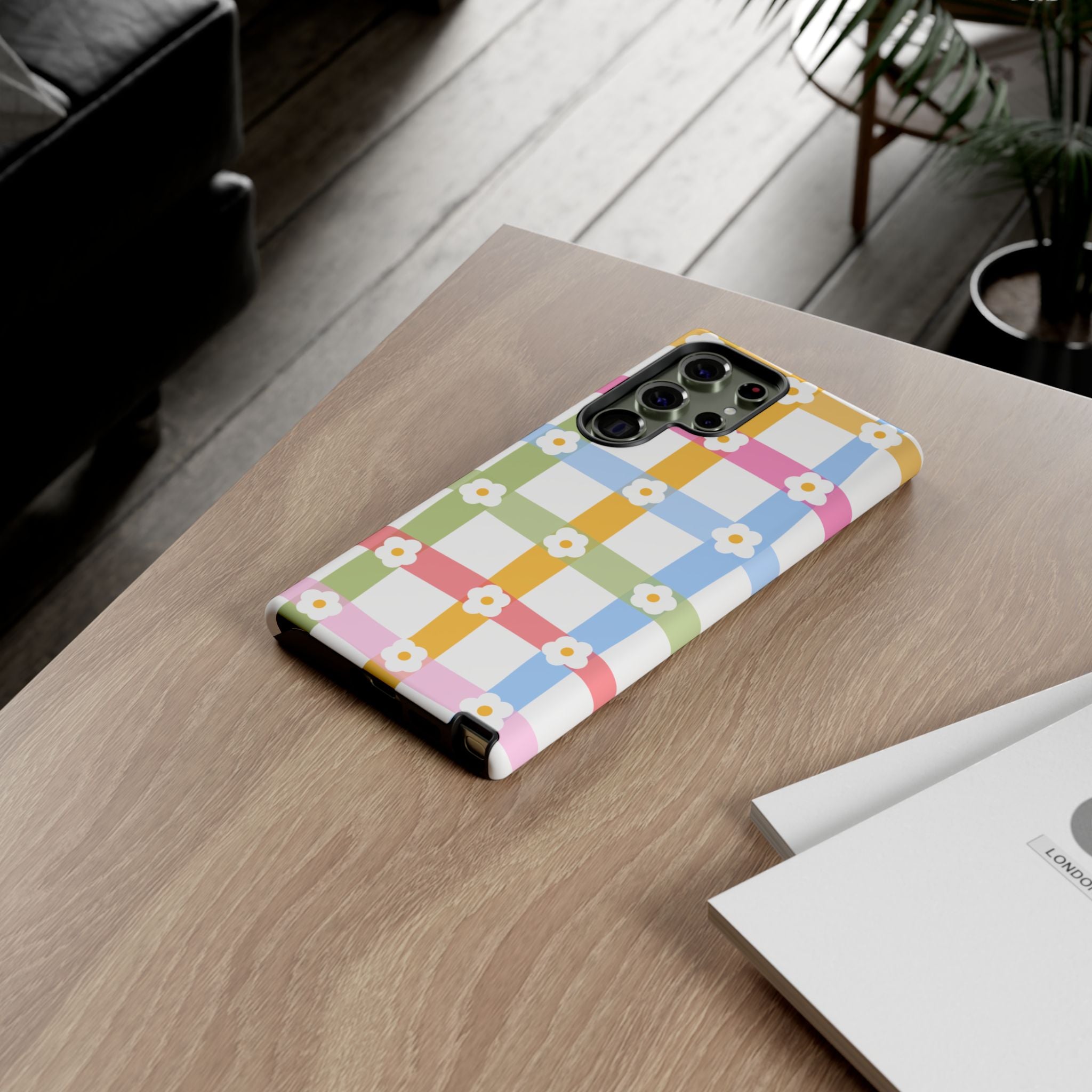 Floral Gingham  Pastel Checkerboard Phone Cover with Daisies