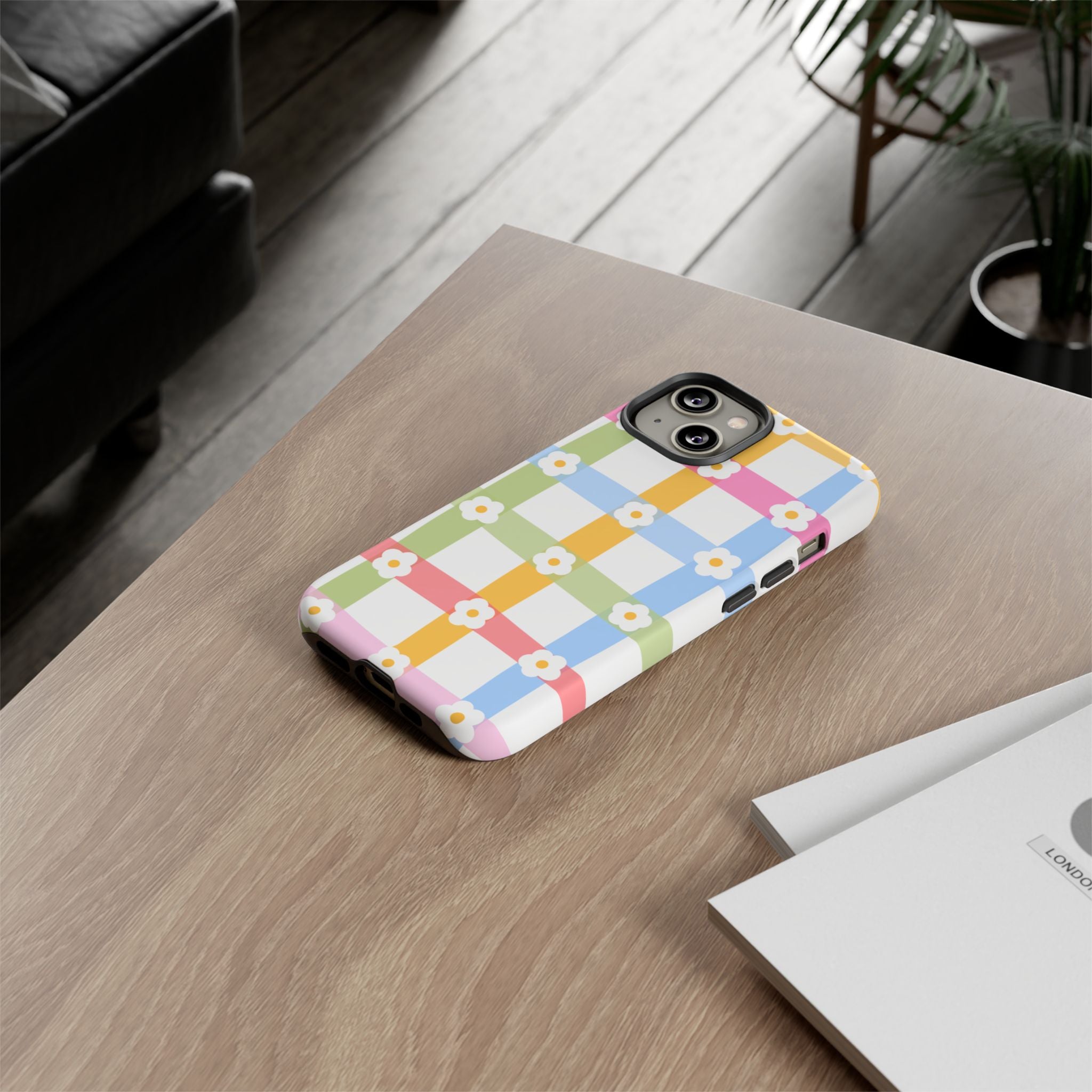 Floral Gingham  Pastel Checkerboard Phone Cover with Daisies