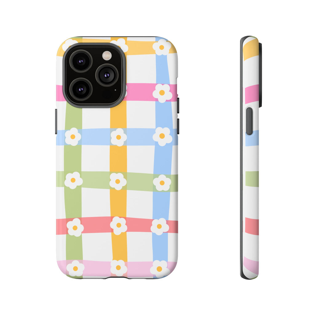 Floral Gingham  Pastel Checkerboard Phone Cover with Daisies