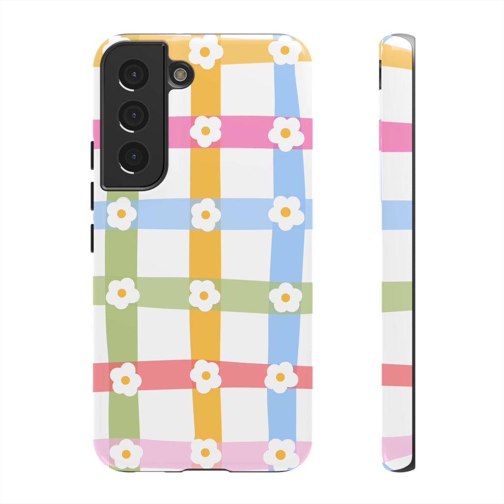 Floral Gingham  Pastel Checkerboard Phone Cover with Daisies