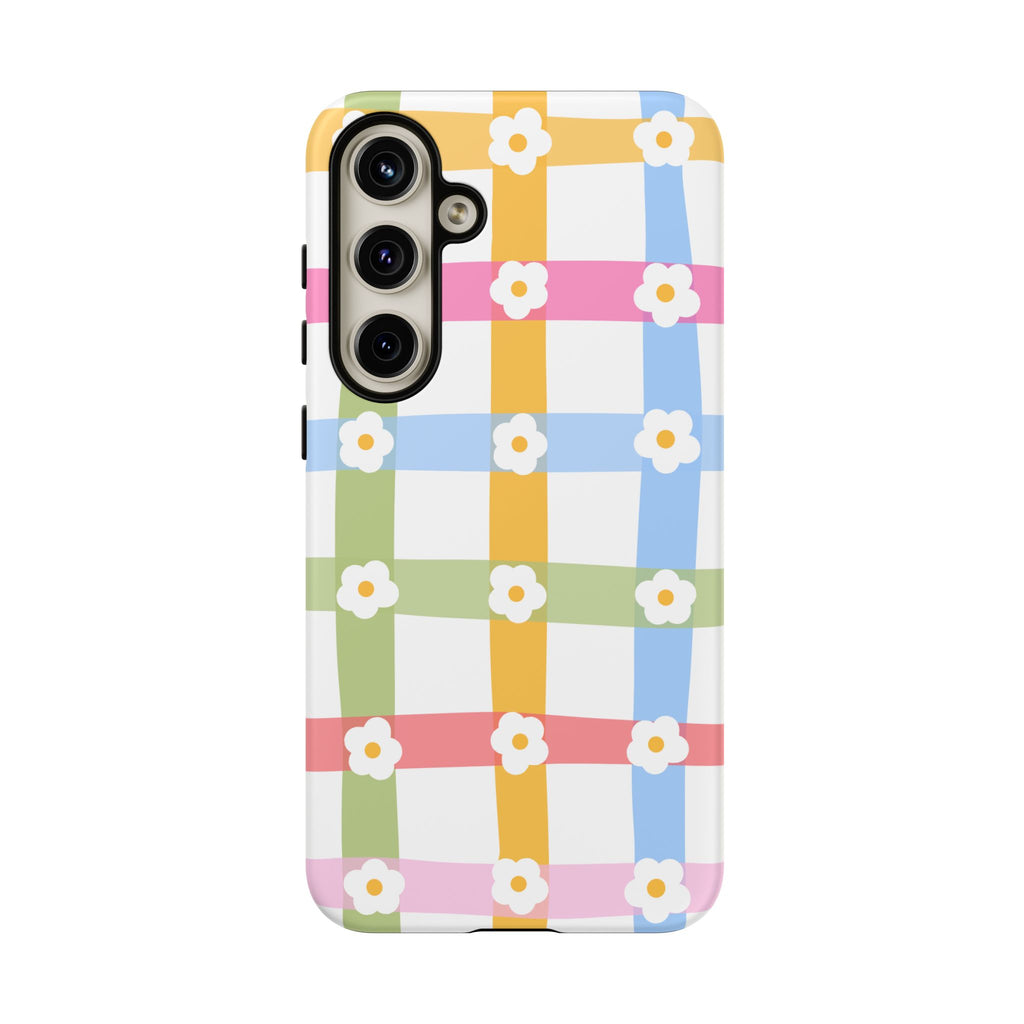 Floral Gingham  Pastel Checkerboard Phone Cover with Daisies