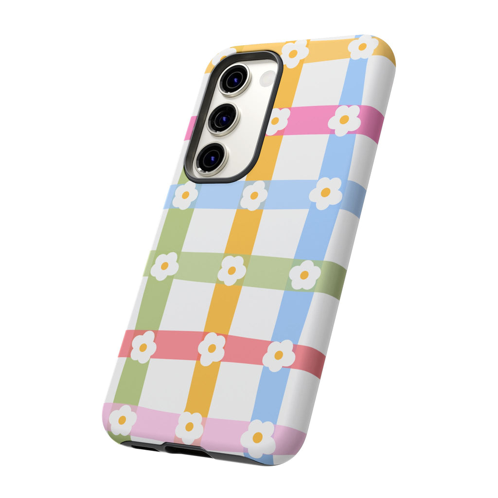 Floral Gingham  Pastel Checkerboard Phone Cover with Daisies
