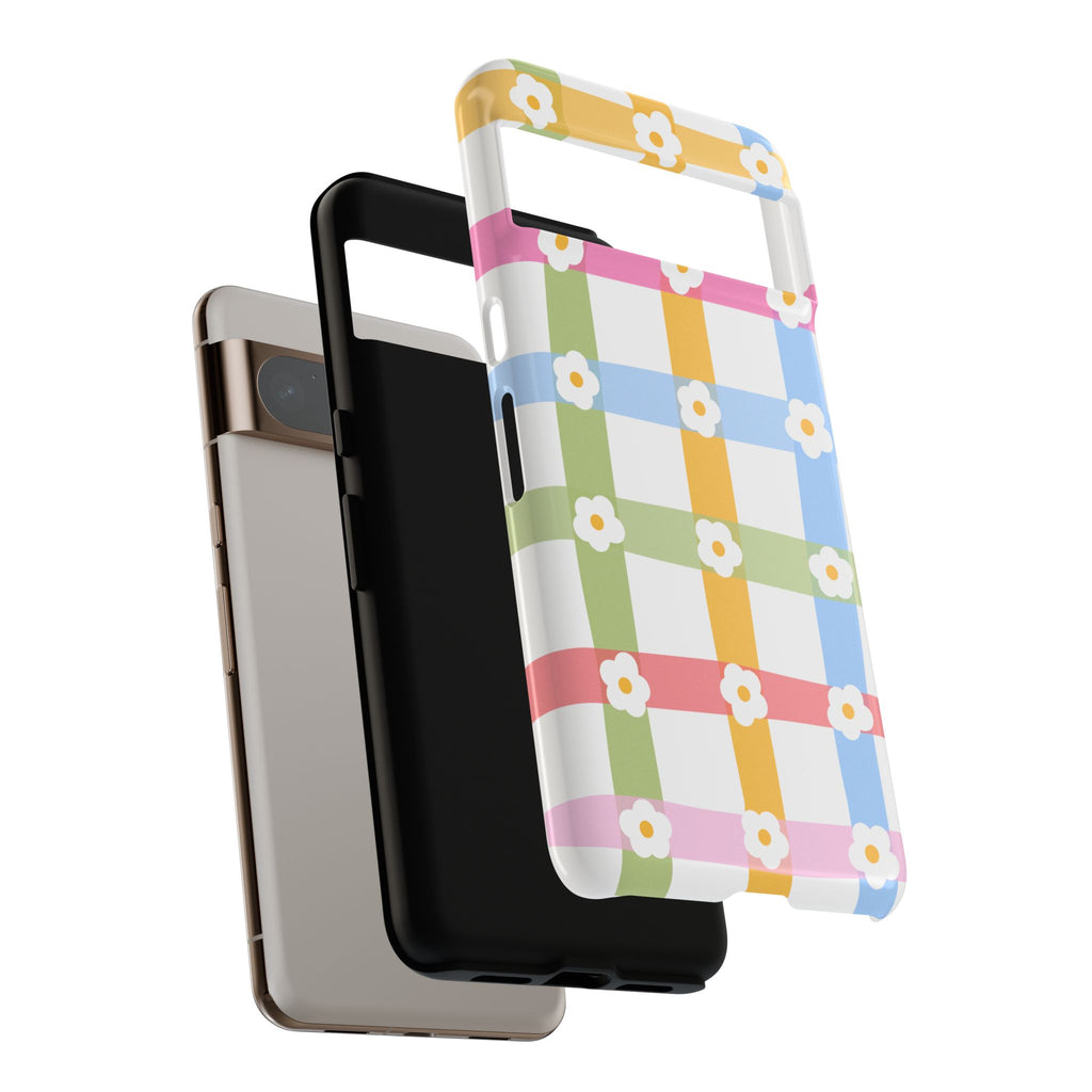 Floral Gingham  Pastel Checkerboard Phone Cover with Daisies