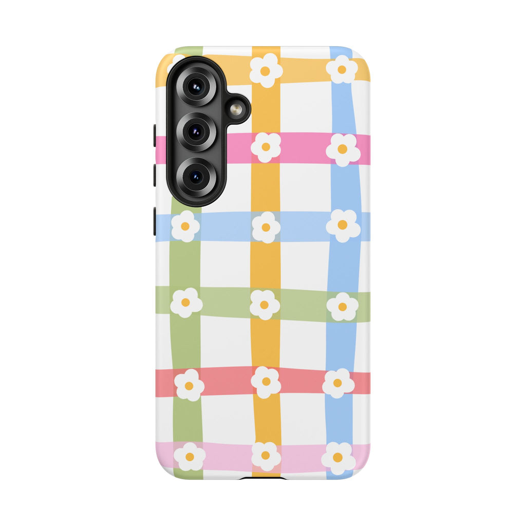 Floral Gingham  Pastel Checkerboard Phone Cover with Daisies